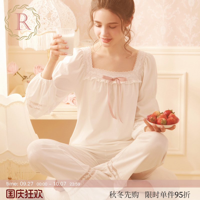 长袖薄款甜美风方领全棉家居服