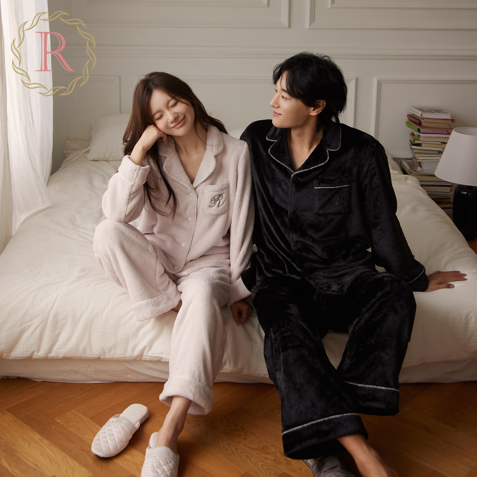 ins风法式刺绣牛奶绒情侣睡衣