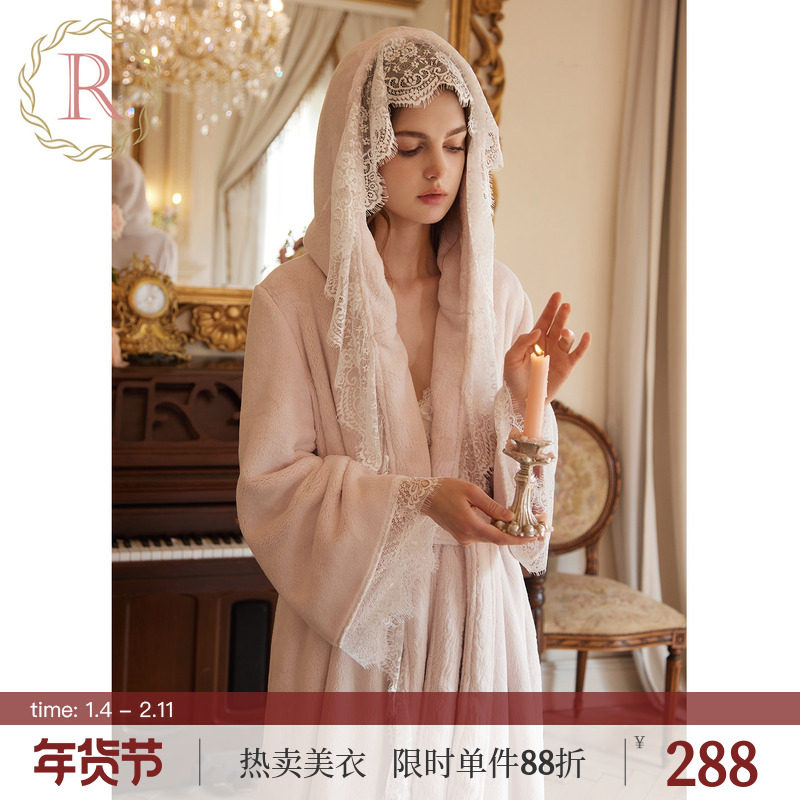 RoseTree珊瑚绒睡袍冬季加厚女士长款浴袍浴衣法兰绒法式睡衣长袍