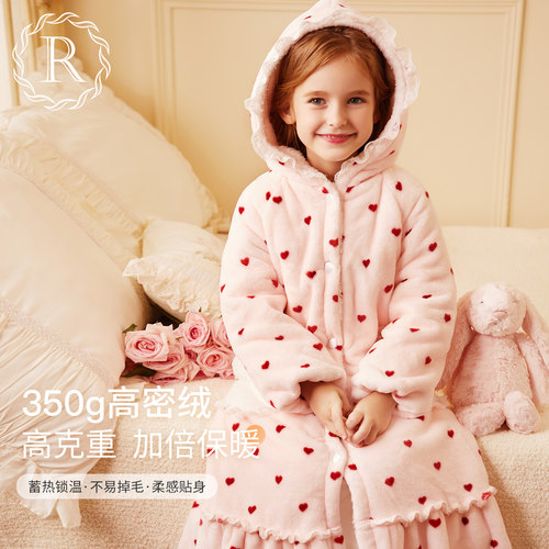 女童冬季保暖加厚珊瑚绒睡袍