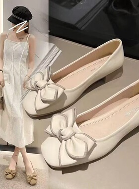 法式单鞋女2025夏新款平底百搭蝴蝶结奶奶鞋软底浅口一脚蹬玛丽珍