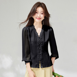 春夏新款显瘦法式精致收腰V领衬衫女雪纺超好看花边优雅小衫上衣