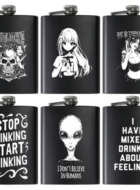 8OZ盎司黑色亚光不锈钢金属户外便携英文字母酒壶扁壶送漏斗