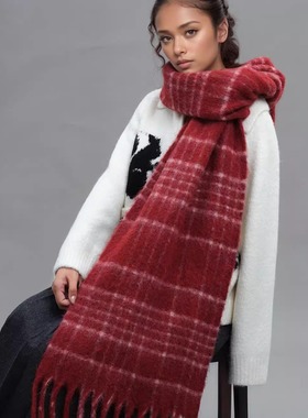 围巾女款2025新款冬披肩羊毛红色蓝色时尚洋气高档围巾韩系氛围感