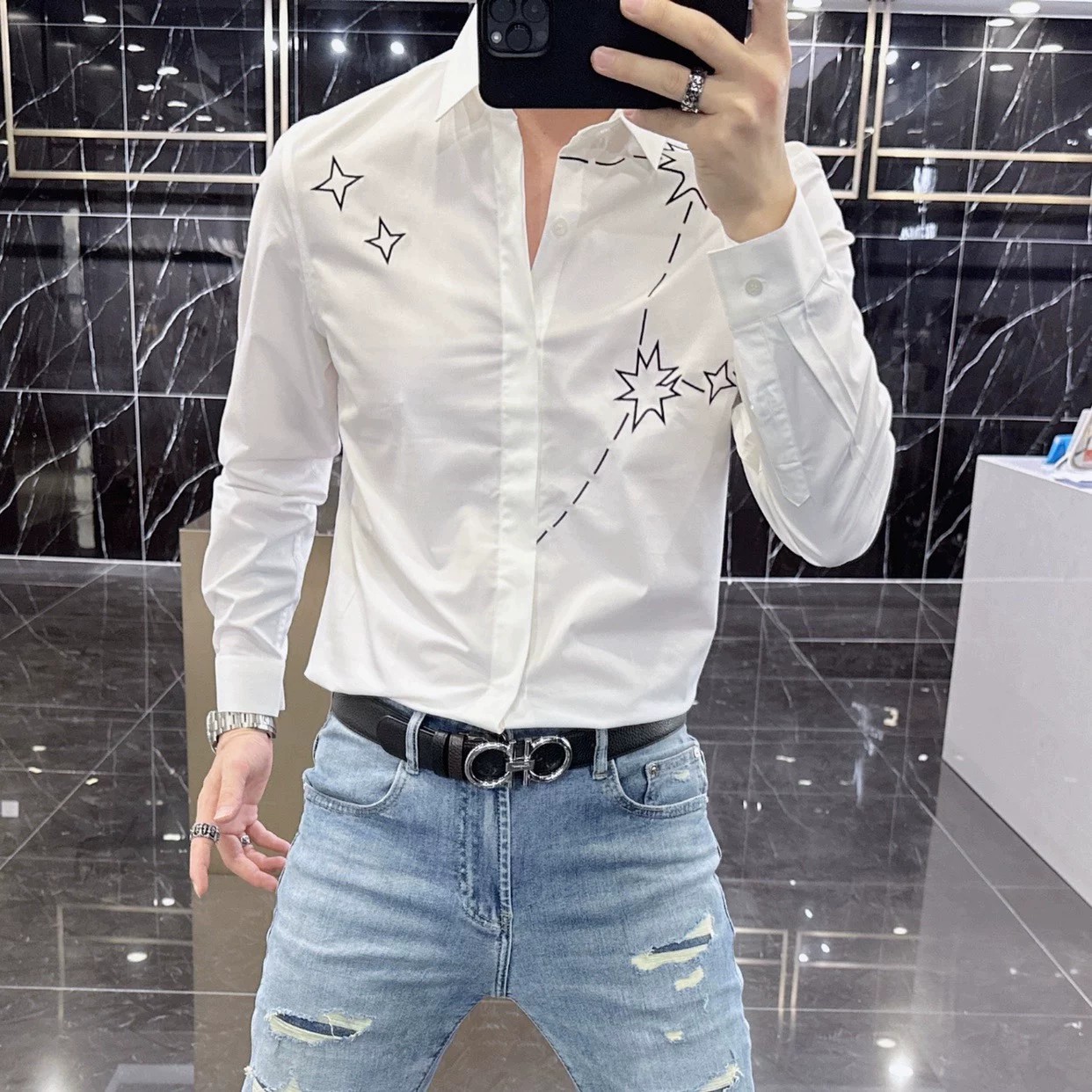 男士高端修身刺绣长袖白衬衫