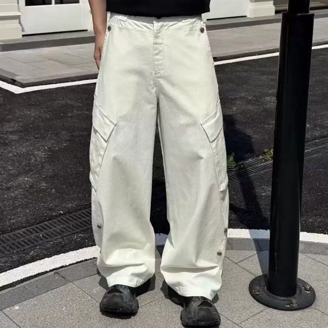 美式高街潮牌白色工装直筒裤男