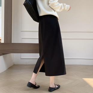 毛呢半身裙女秋冬新款 高腰显瘦黑色口袋a字裙胖m遮胯长裙 2025大码