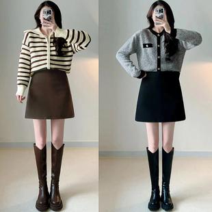 毛呢短裙女秋冬新款 黑色显瘦高腰a字裙子胖m厚职业毛呢半身裙 大码