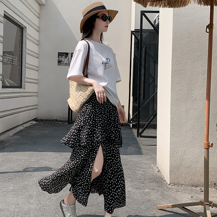 碎花半身裙女夏季新款2025大码中长款开叉荷叶边松紧蛋糕雪纺长裙