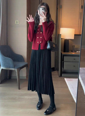 百褶半身裙女秋冬大码中长款垂感显瘦a字伞裙子m黑色百折大摆长裙