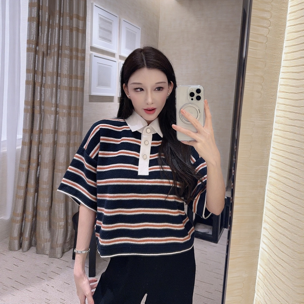 南油高定26C小香风双C针织条纹翻领半开襟Polo短袖显瘦百搭女上衣