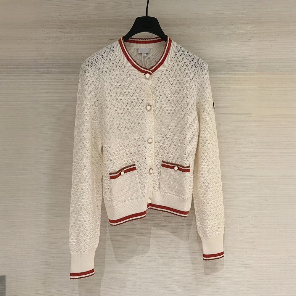 南油高定26C小香风双C撞色条纹边缘满铺镂空波浪圆领针织开衫女潮