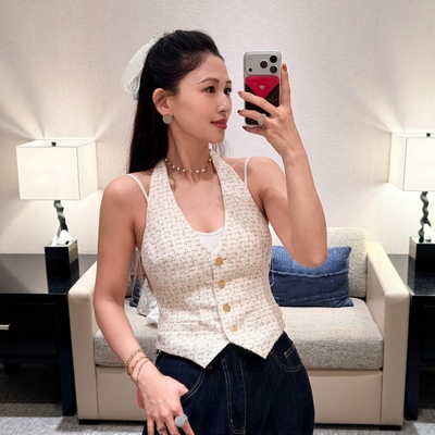 南油高定26C编织V领挂脖吊带背心性感名媛风辣妹感修身显瘦女上衣