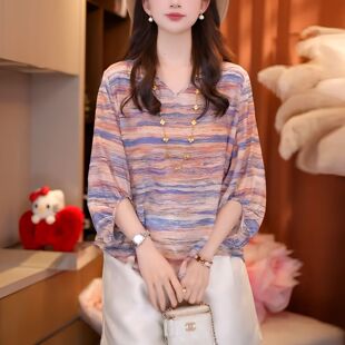 撞色扎染印花V领t恤女士夏季新款薄款七分袖雪纺小衫宽松显瘦上衣