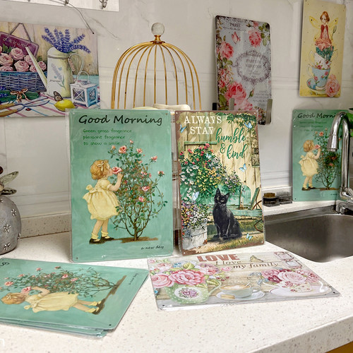 复古花卉人物铁皮画花园装饰挂件