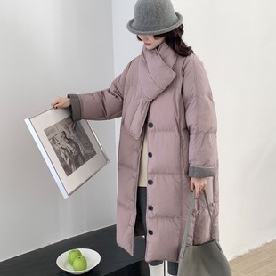 韩系高品质长款 加厚过膝白鸭绒女冬外套百搭洋气 东大门围巾长款
