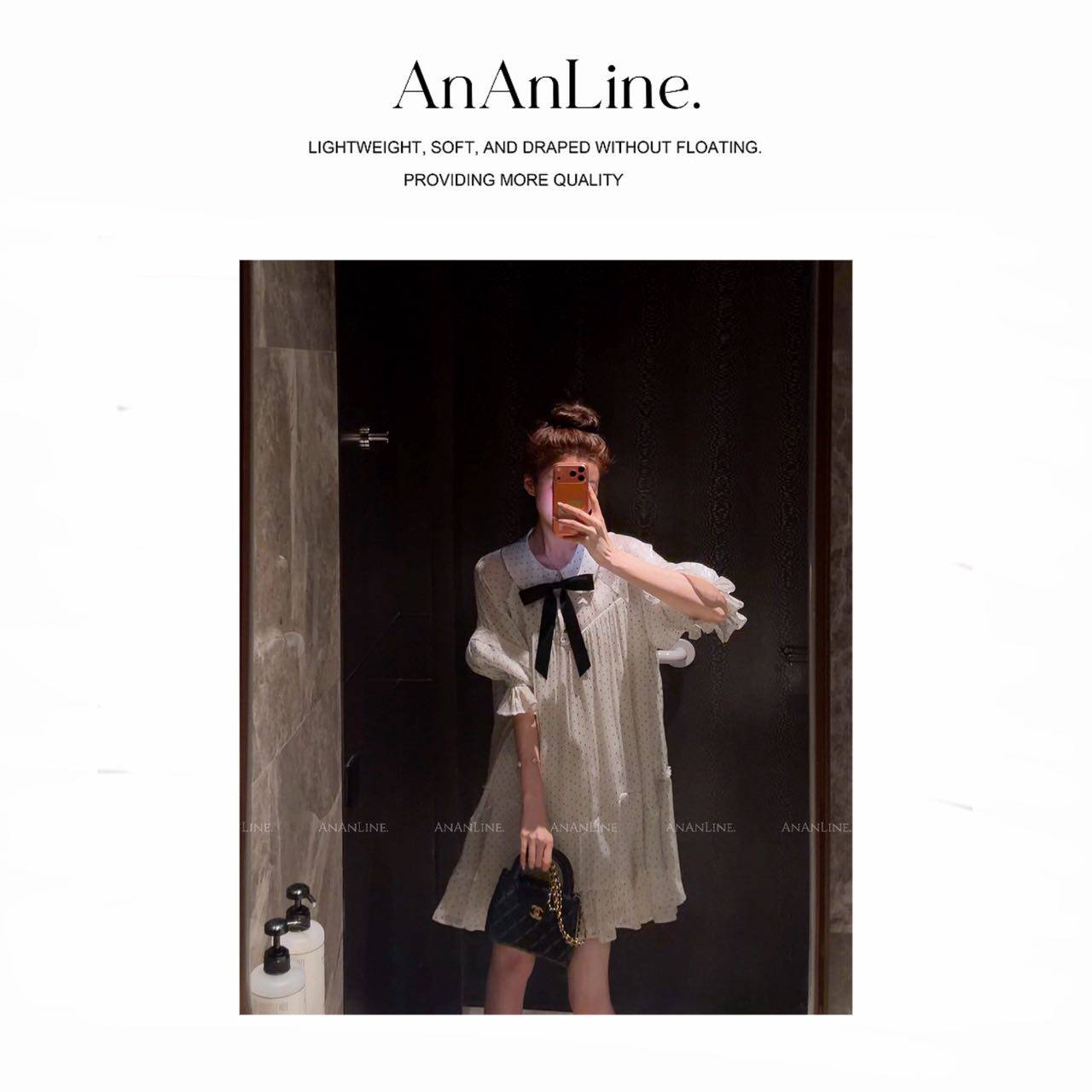 AnAnLine.【圆舞曲】复古！海岛丝波点娃娃领连衣裙 可拆卸蝴蝶结