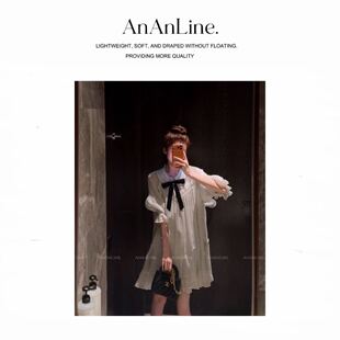 AnAnLine.【圆舞曲】复古！海岛丝波点娃娃领连衣裙 可拆卸蝴蝶结
