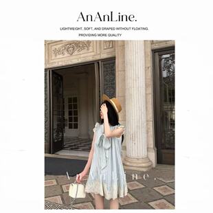 AnAnLine.【小蓝裙】韩系条纹蝴蝶结系带蕾丝宽松显瘦连衣裙