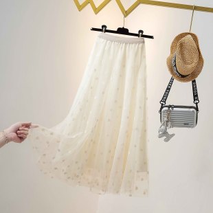 夏季新款中长款百褶半身裙很仙的长裙洋气植绒蕾丝仙女网纱裙子