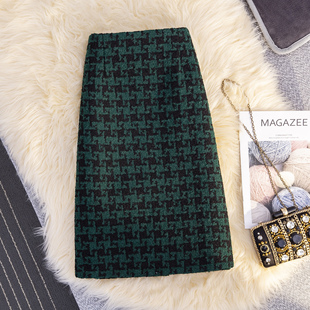 毛呢格纹女2025秋冬复古千鸟格子半身裙a字高腰包臀开叉一步中裙