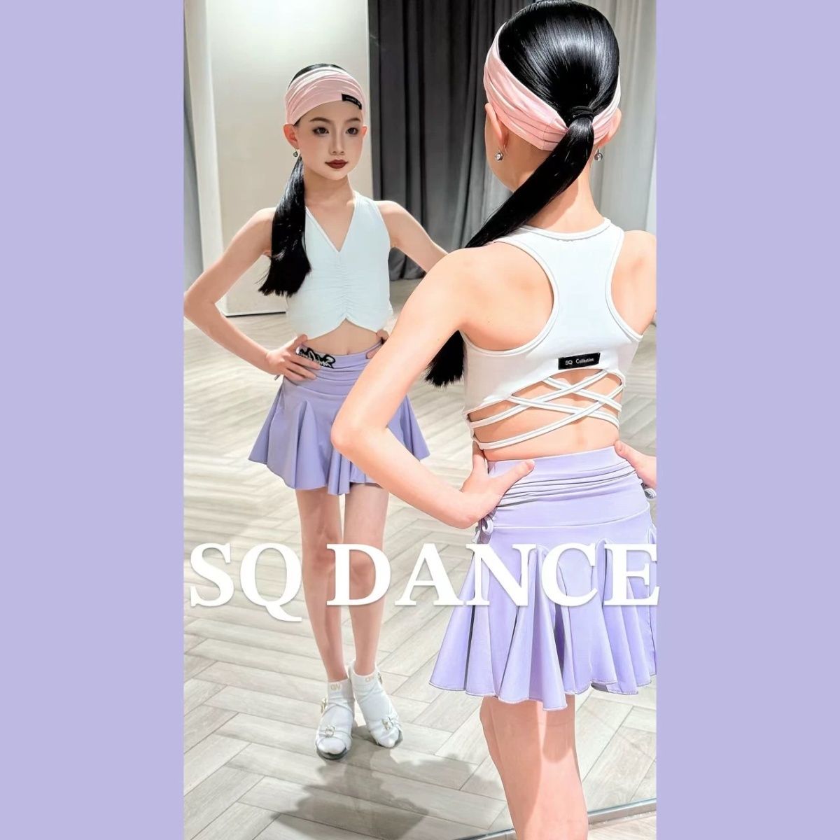 SQ舞服少儿拉丁舞春夏挂脖白色背心运动半裙练习服紫色女童跳舞图片
