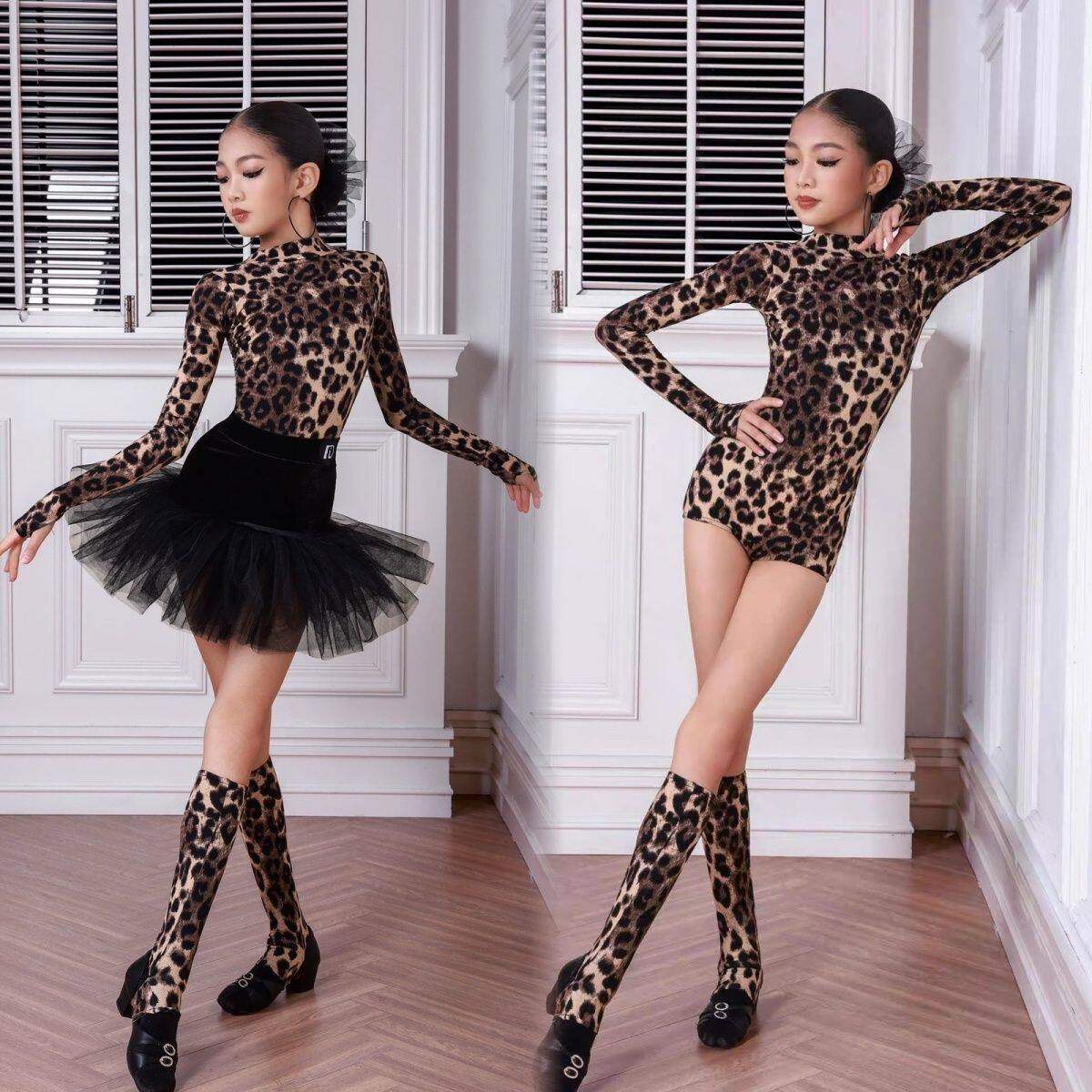 拉丁舞服女童2025秋冬新款豹纹练习服套装高级国标舞蹈裙
