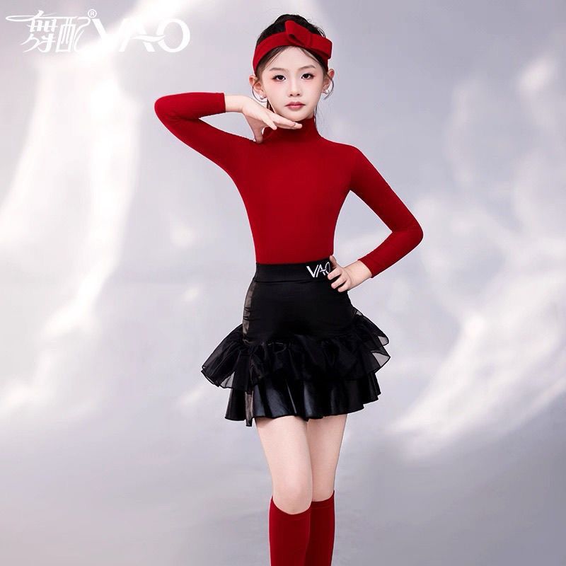 VAO舞配舞服2025新款拉丁舞服练功服女童红黑色绒长袖表演裙套装