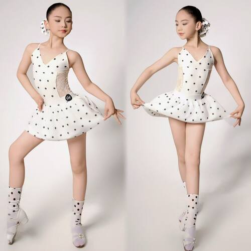 Top舞服少儿拉丁舞夏季波点可爱芭蕾风发圈练习服女蕾丝吊带女童