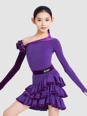 WAVE未午少儿拉丁舞秋冬儿童唐顿庄园套装紫色蛋糕露肩花朵女童