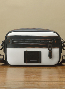 FimaChun进口牛皮相机包 小众潮牌贴饰拼色宽肩带男包真皮斜挎包