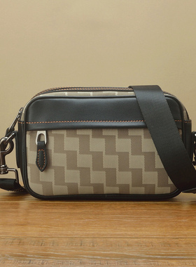 FimaChun【Box系列】进口牛皮邮差包 经典方格图案帆布斜挎卡其色