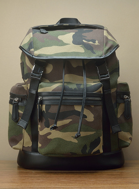 纯手工 进口迷彩帆布拼真皮背包 朋克运动旅行双肩电脑头层牛皮包