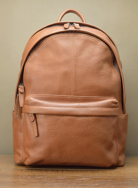 进口胎牛皮双肩包 头层牛皮日韩时尚休闲 真皮电脑男女背包棕