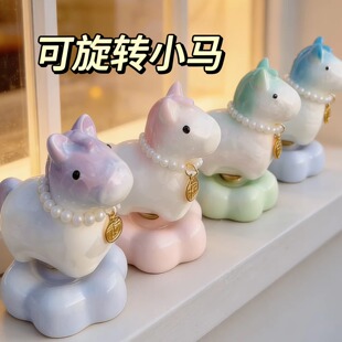 景德镇结晶釉旋转小马创意可爱陶瓷转转小马家居车载解压摆件