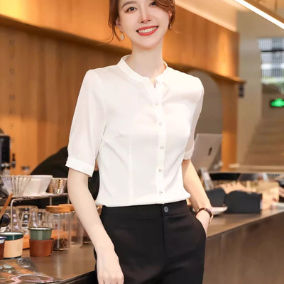 夏季高端桑蚕丝港风短袖女衬衫