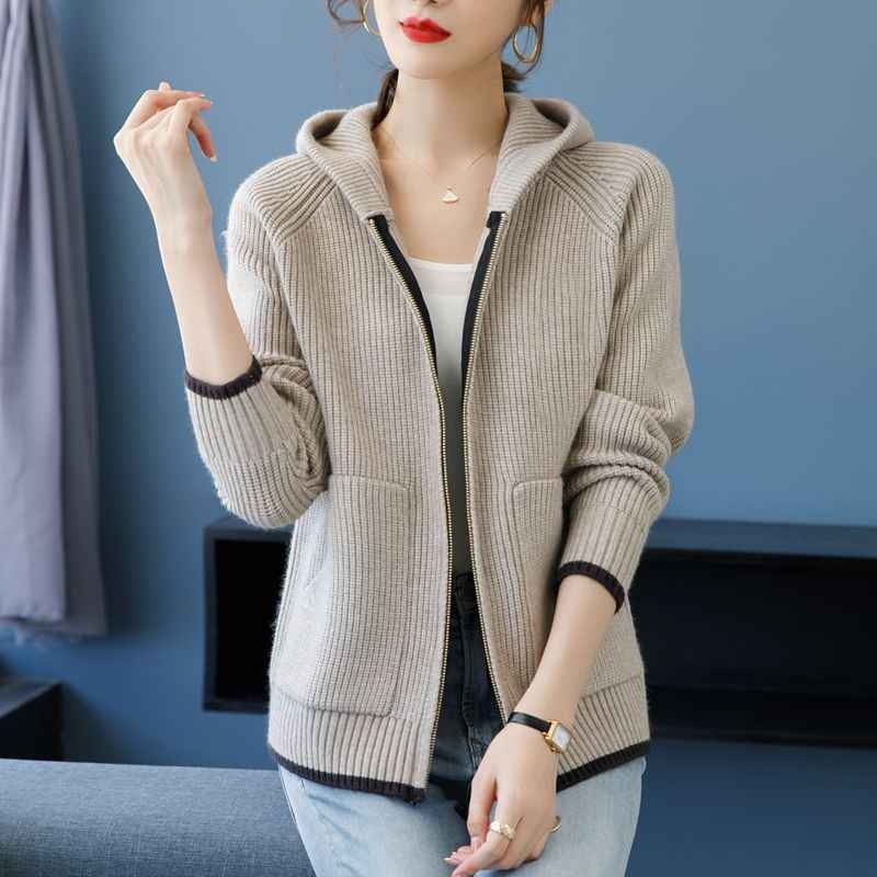 连帽外套拉链开衫毛衣女春秋季爆款上衣宽松大码短款时尚针织卫衣