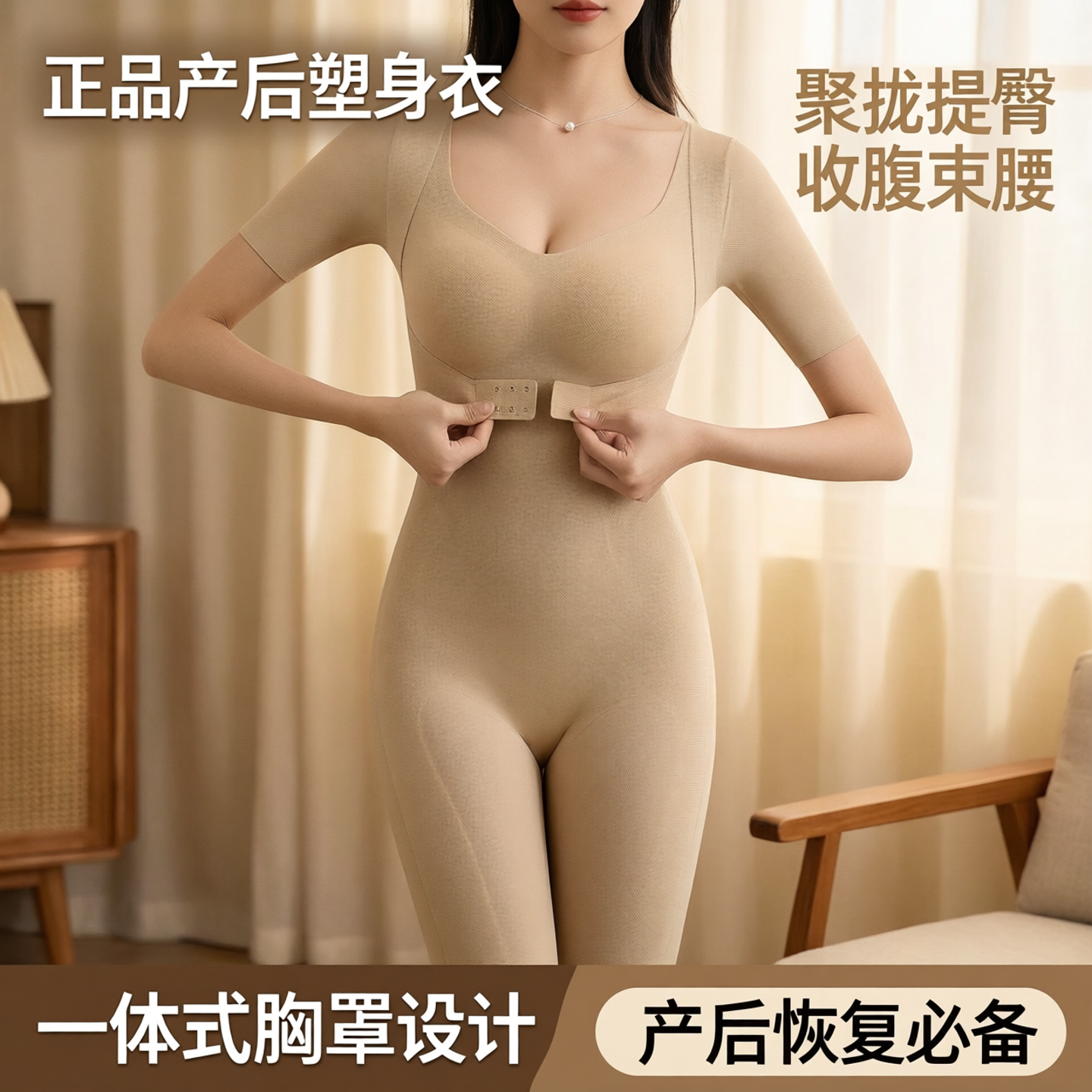 正品产后短袖聚拢塑身连体衣收腹提臀束腰连体塑身衣带胸罩一体式