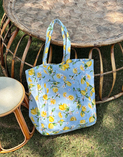 外贸出口澳洲口碑品牌度假风浅蓝柠檬花卉图案帆布包环保袋大手袋