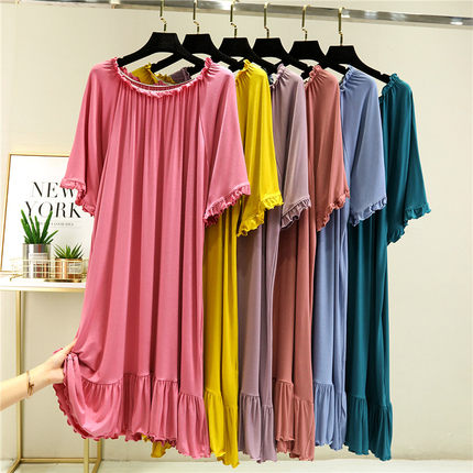 2022莫代尔睡裙女夏季可外穿宽松睡衣家居裙胖mm新款大码薄连衣裙