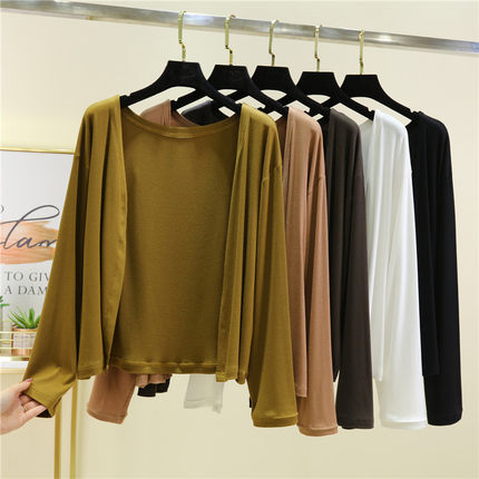 莫代尔短款开衫女春夏季薄款百搭长袖防晒衣修身显瘦外搭纯色外套