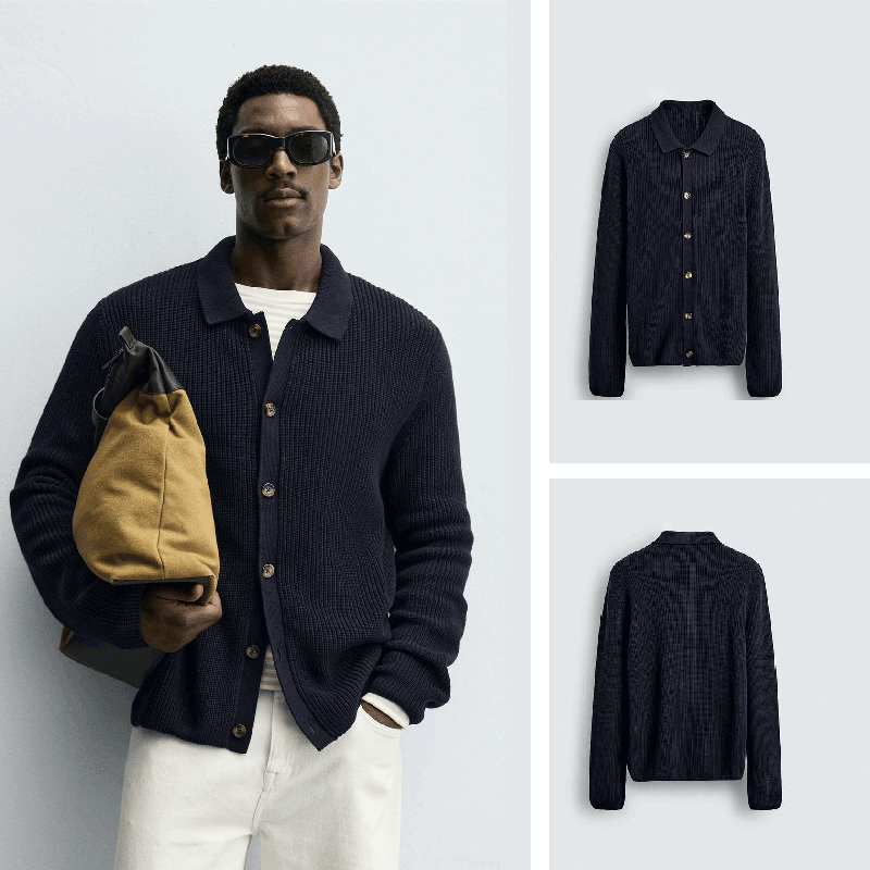 百搭舒适棉纺修身长袖翻领针织衫