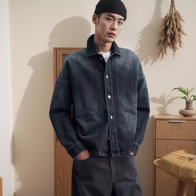 ZA春季新品翻领水洗男装新年系列boxy长袖牛仔衬衫外套2328400