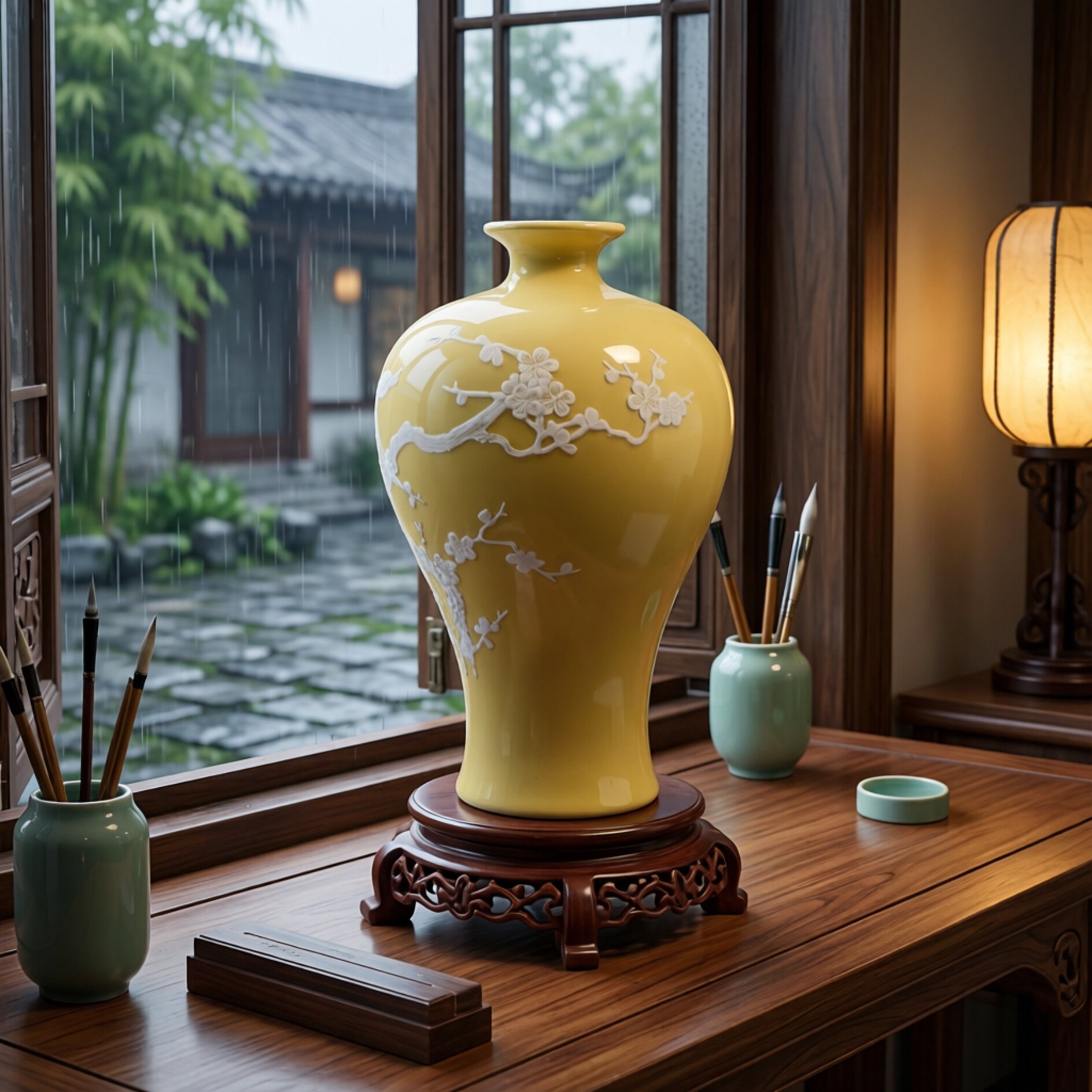 景德镇厂货瓷建国瓷厂黄釉堆花喜上眉梢梅瓶中式装饰收藏摆件花瓶