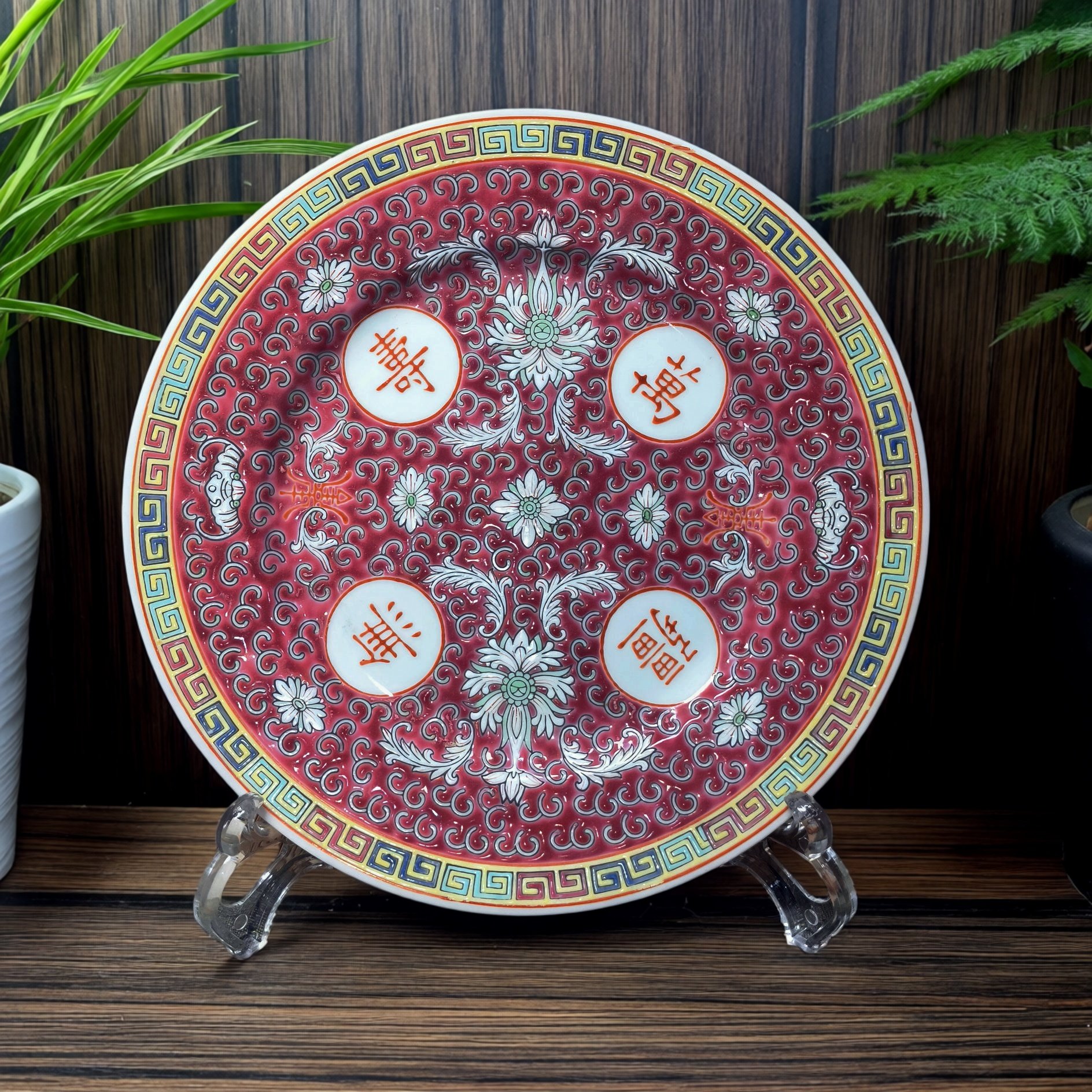 包老景德镇567老厂瓷原矿料手绘细工粉彩红万寿无疆8英寸平盘壶承