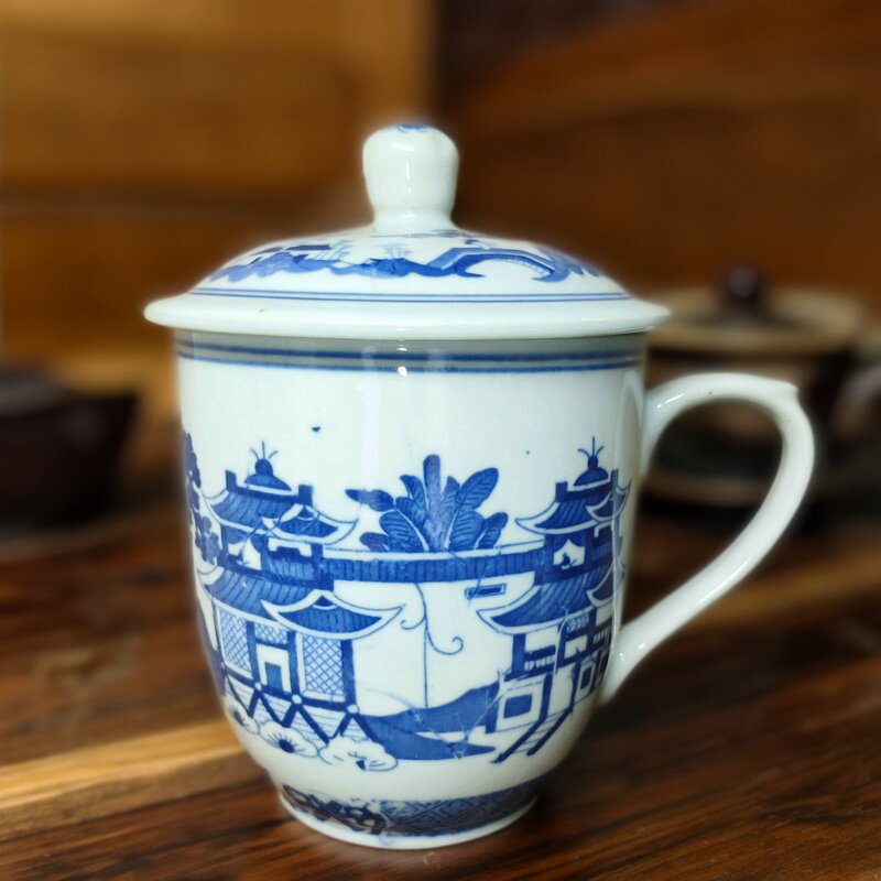 包老/景德镇80年代老矿料高温釉下彩青花梧桐特大号霸王金钟茶杯