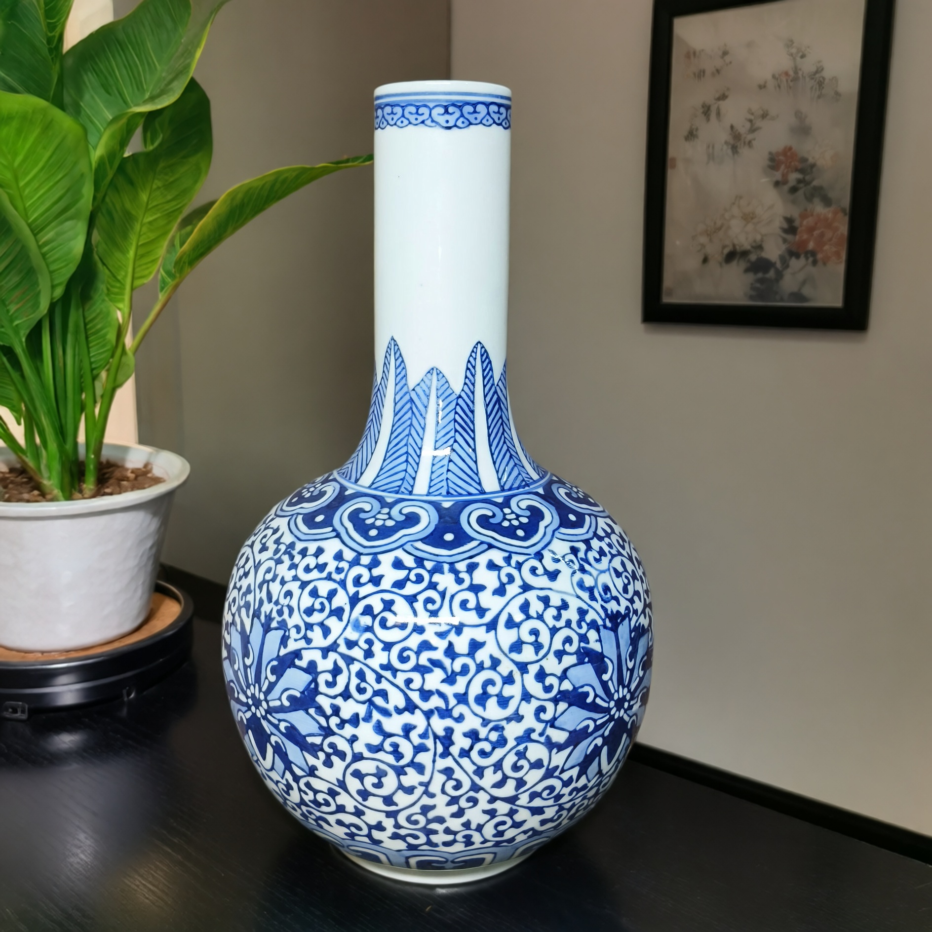 包老景德镇567老厂瓷/怀旧老物件建国瓷厂柴窑手绘青花洋莲天球瓶