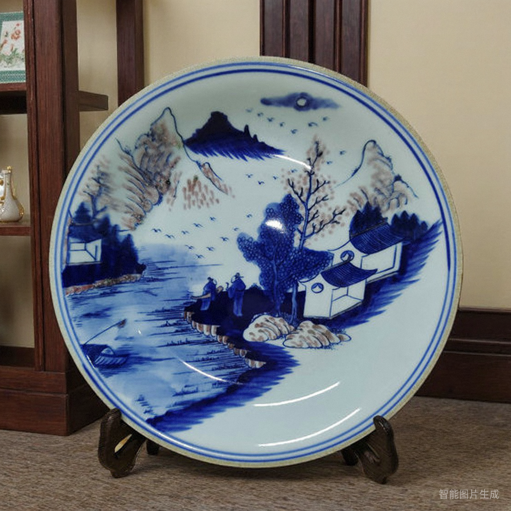景德镇厂货瓷/建国瓷厂手绘青花釉里红渔乡图中式装饰收藏赏盘