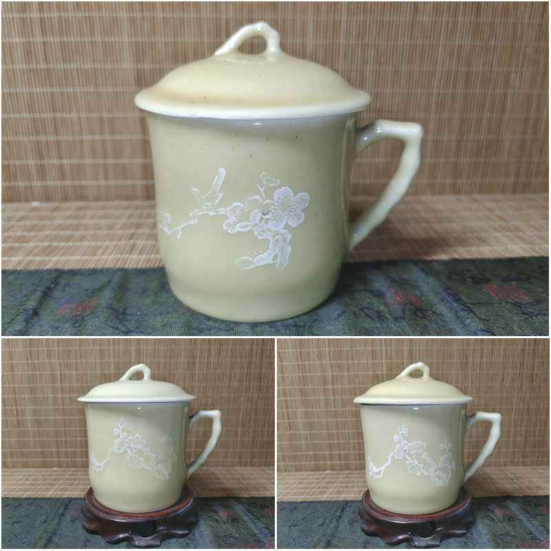 包老/景德镇567老厂瓷/建国瓷厂黄釉堆花小号竹节茶杯/微瑕品