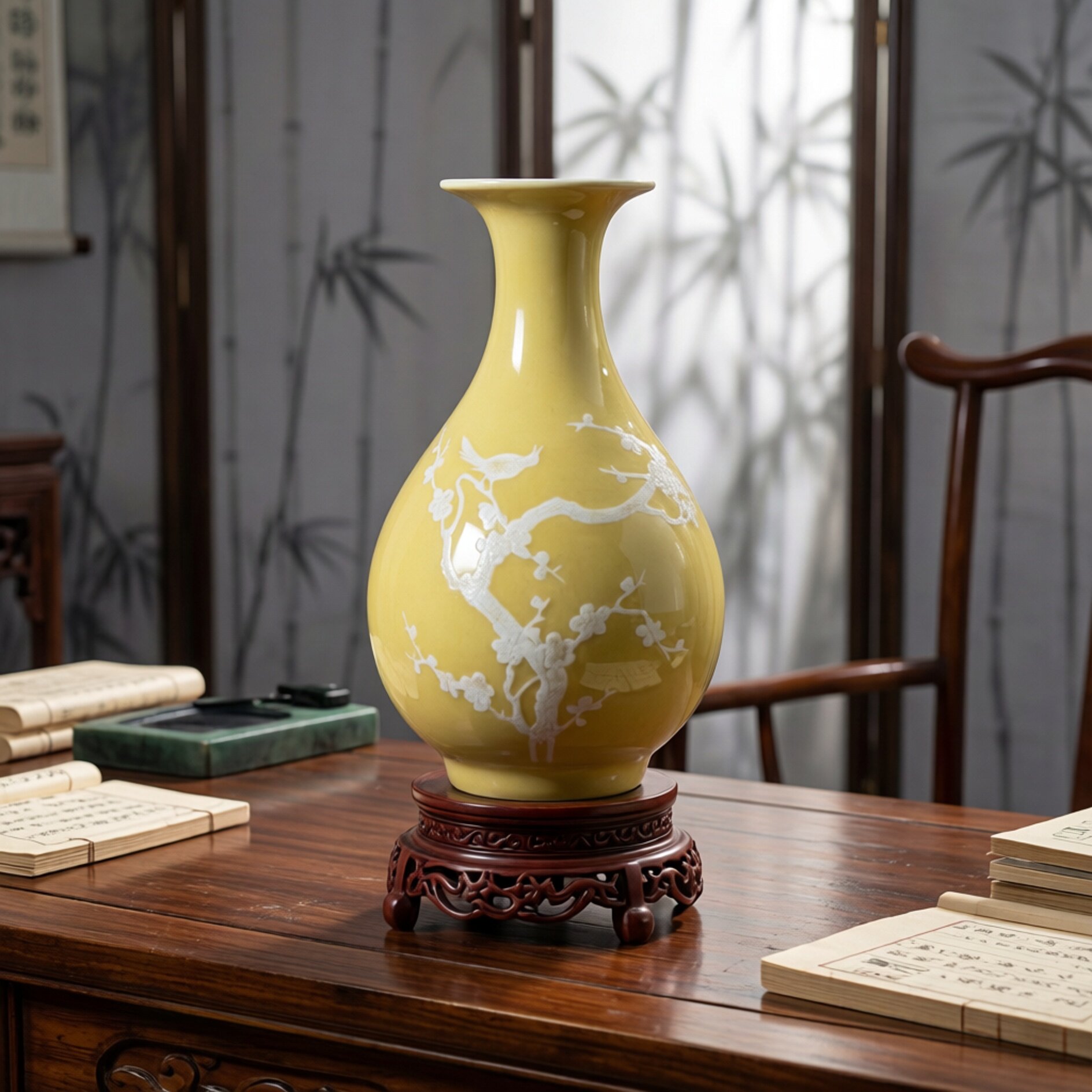 景德镇厂货瓷建国瓷厂原矿料高温颜色釉黄釉堆花喜上眉梢玉壶春瓶